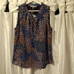 Daniel Rainn Blue and Brown Leaf Print Blouse Small